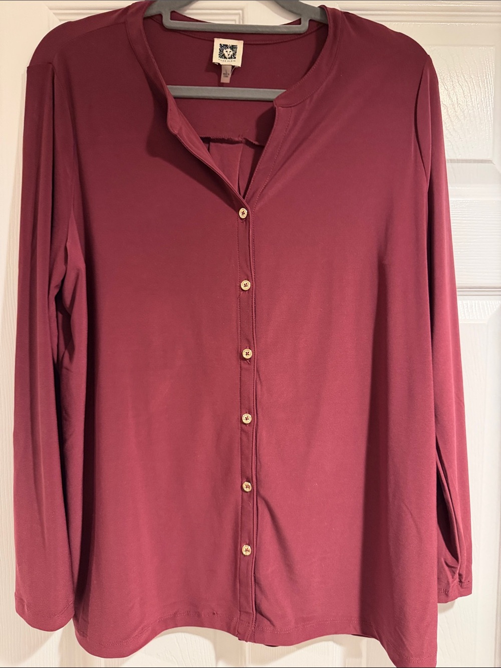 Anne Klein Burgundy Button-Down Long Sleeve Top
